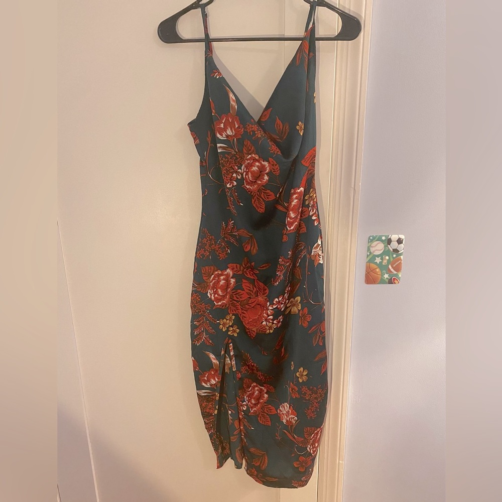 Pretty Little Thing green floral dress with cowl neck